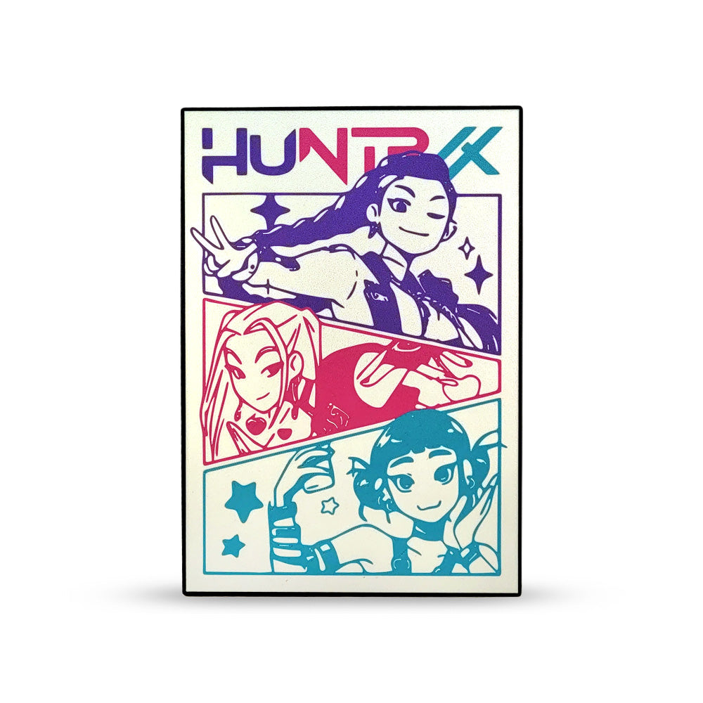 Lightbox design with 'HUNTRX' branding and the three characters of the KPOP Demon Hunters group on a white background.