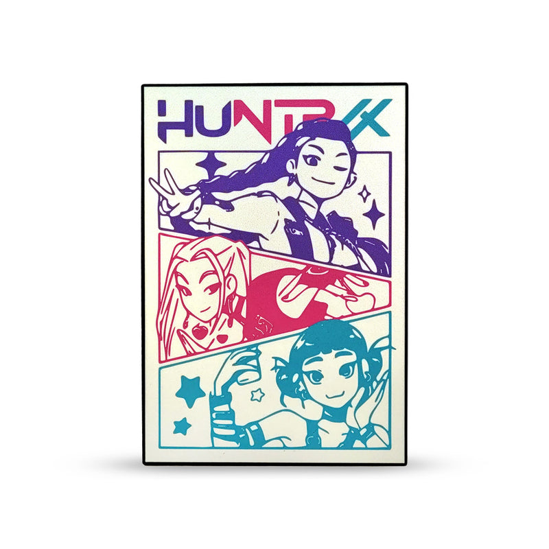 Lightbox design with 'HUNTRX' branding and the three characters of the KPOP Demon Hunters group on a white background.